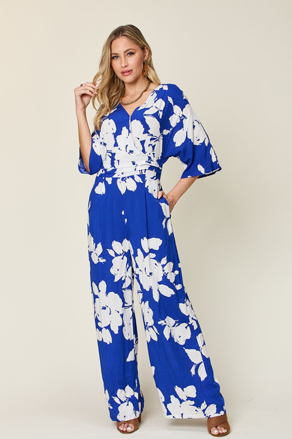 Honeybee Mumford's Full Size Printed Tie Back Wide Leg Jumpsuit