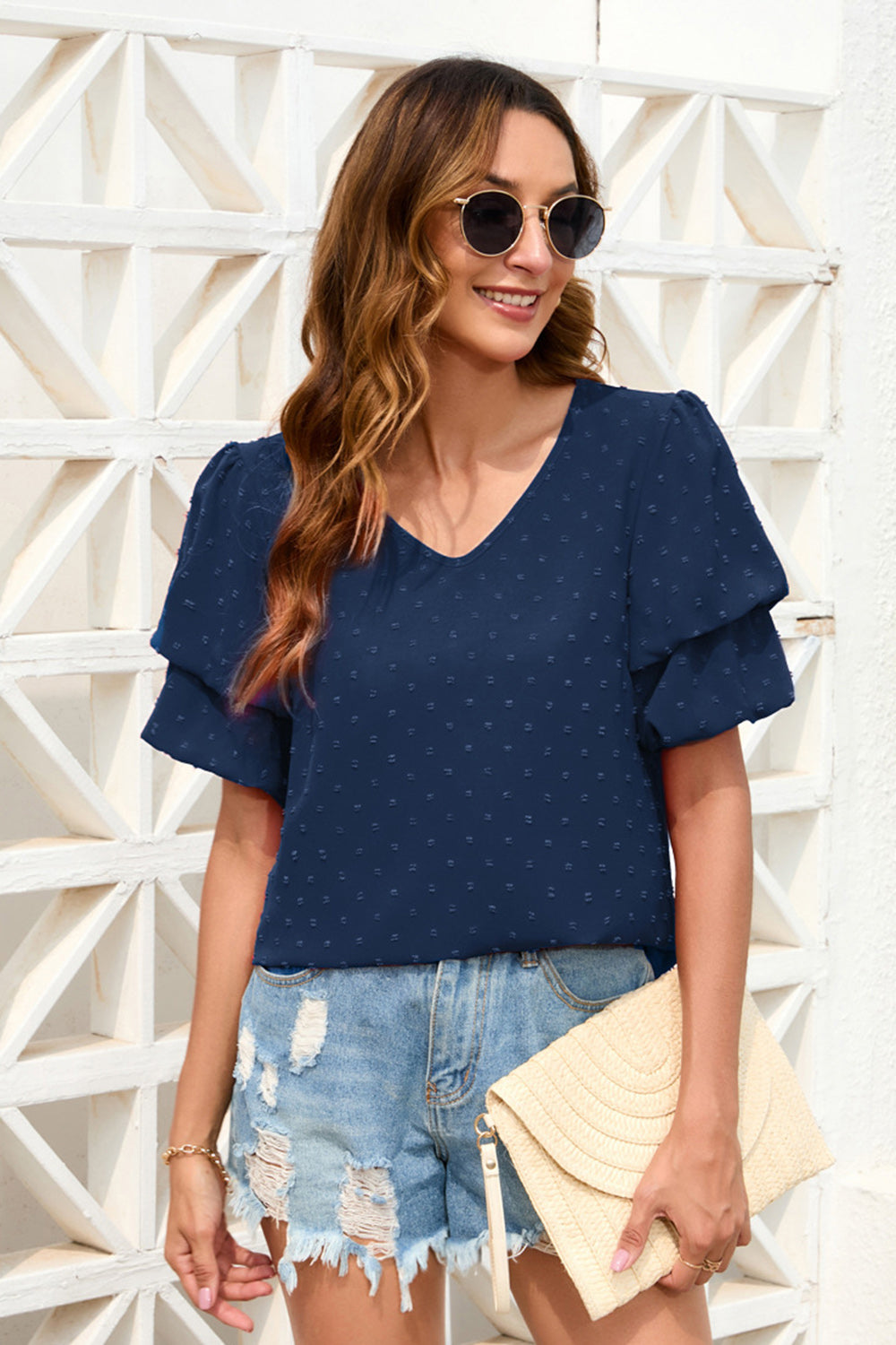 Honeybee Mumford's Swiss Dot V-Neck Short Sleeve Blouse