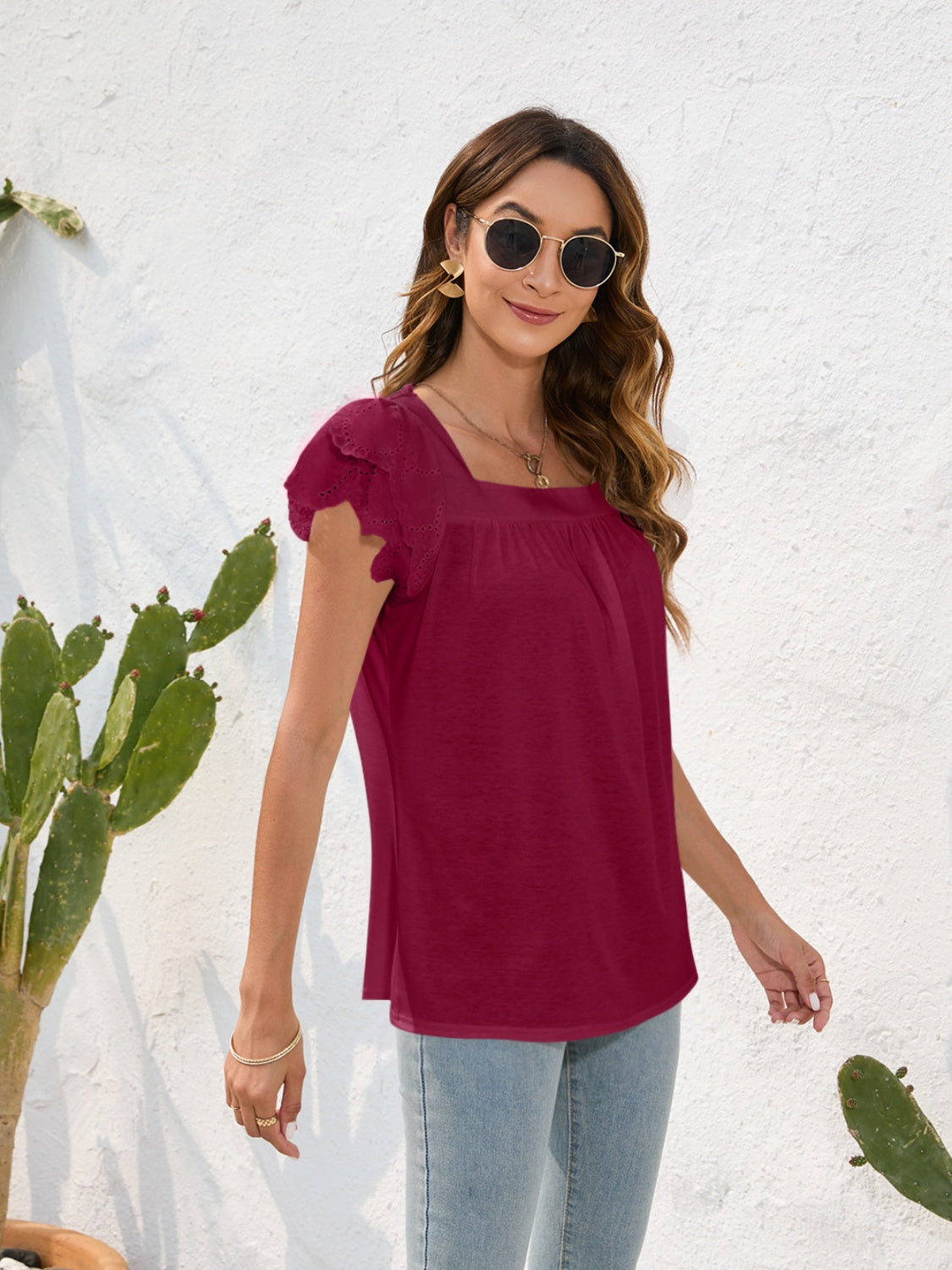 Honeybee Mumford's Ruffled Square Neck Cap Sleeve Blouse