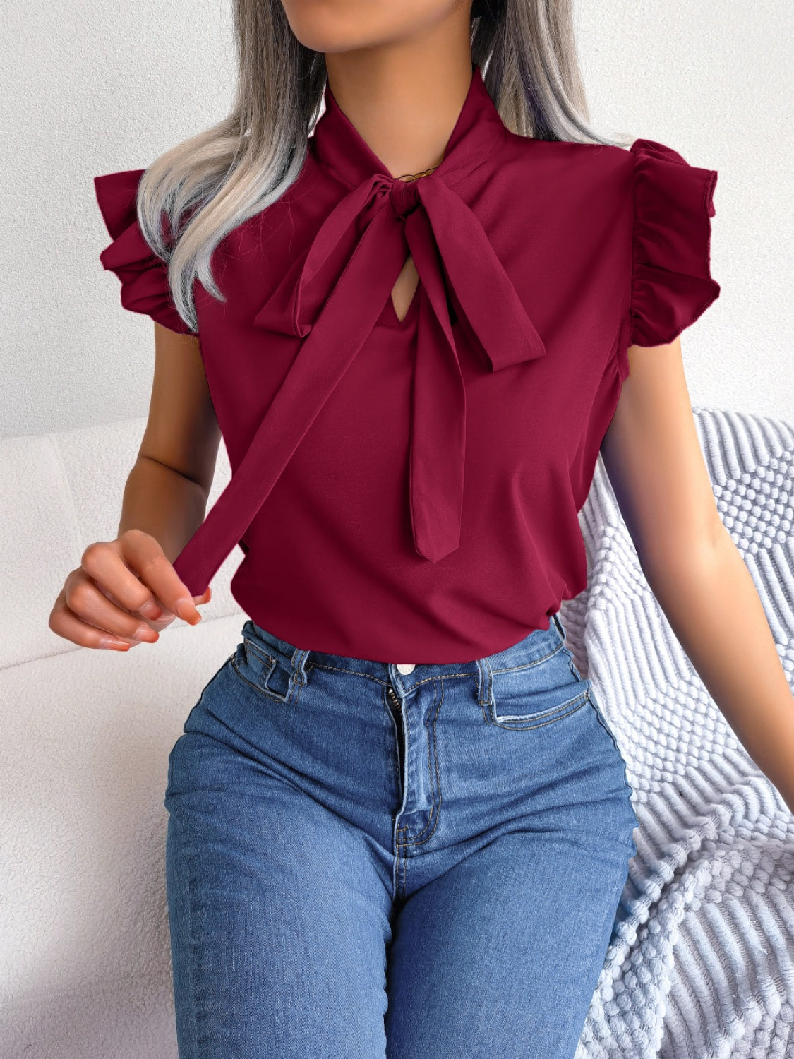 Honeybee Mumford's Tie Neck Cap Sleeve Blouse