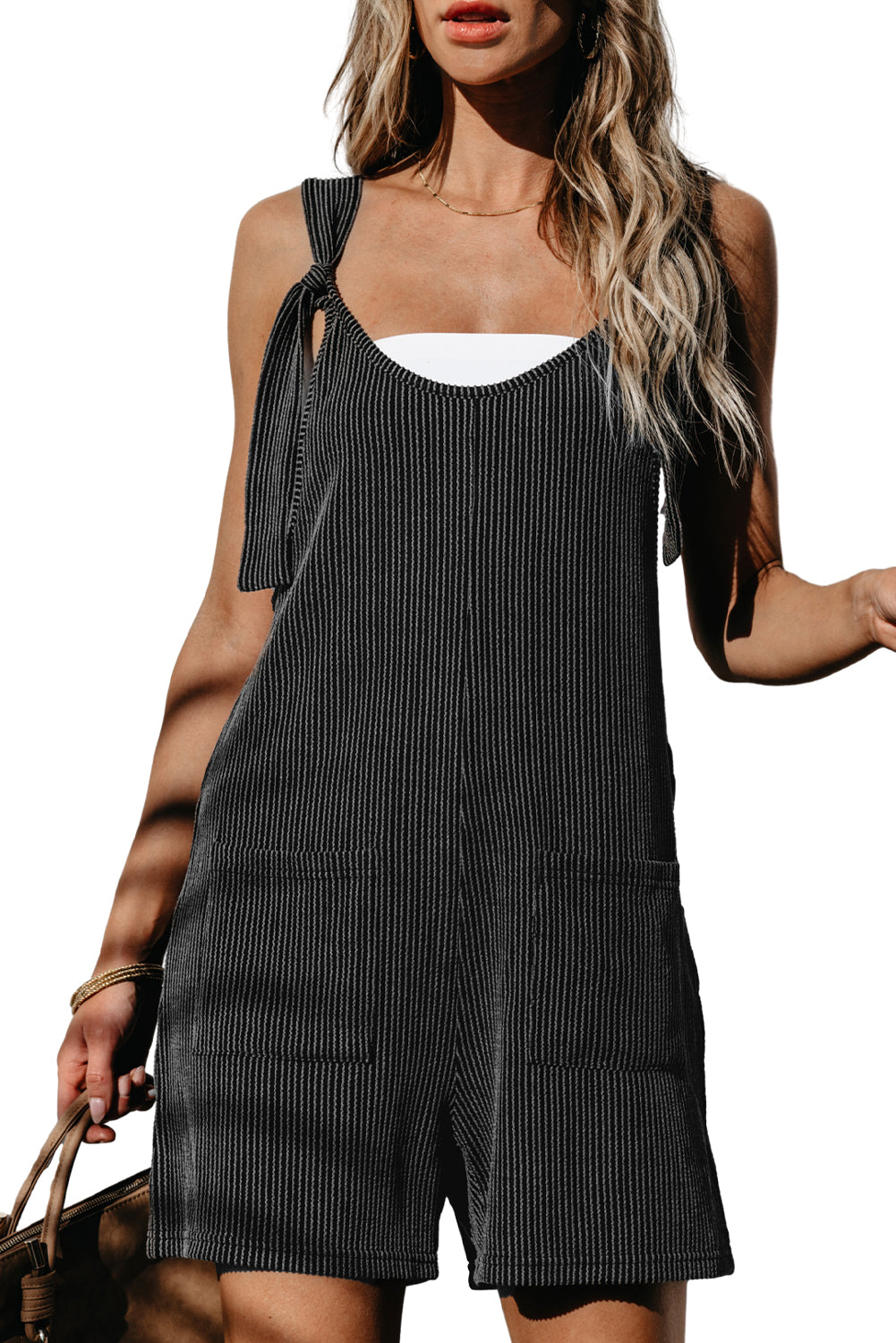 Honeybee Mumford's Dark Grey Striped Print Knotted Straps Pocketed Romper