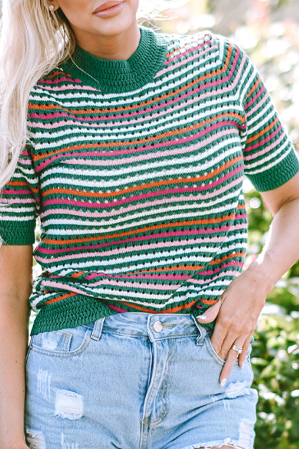 Honeybee Mumford's Dark Green Striped Pattern Contrast Trim Pointelle Knit T Shirt