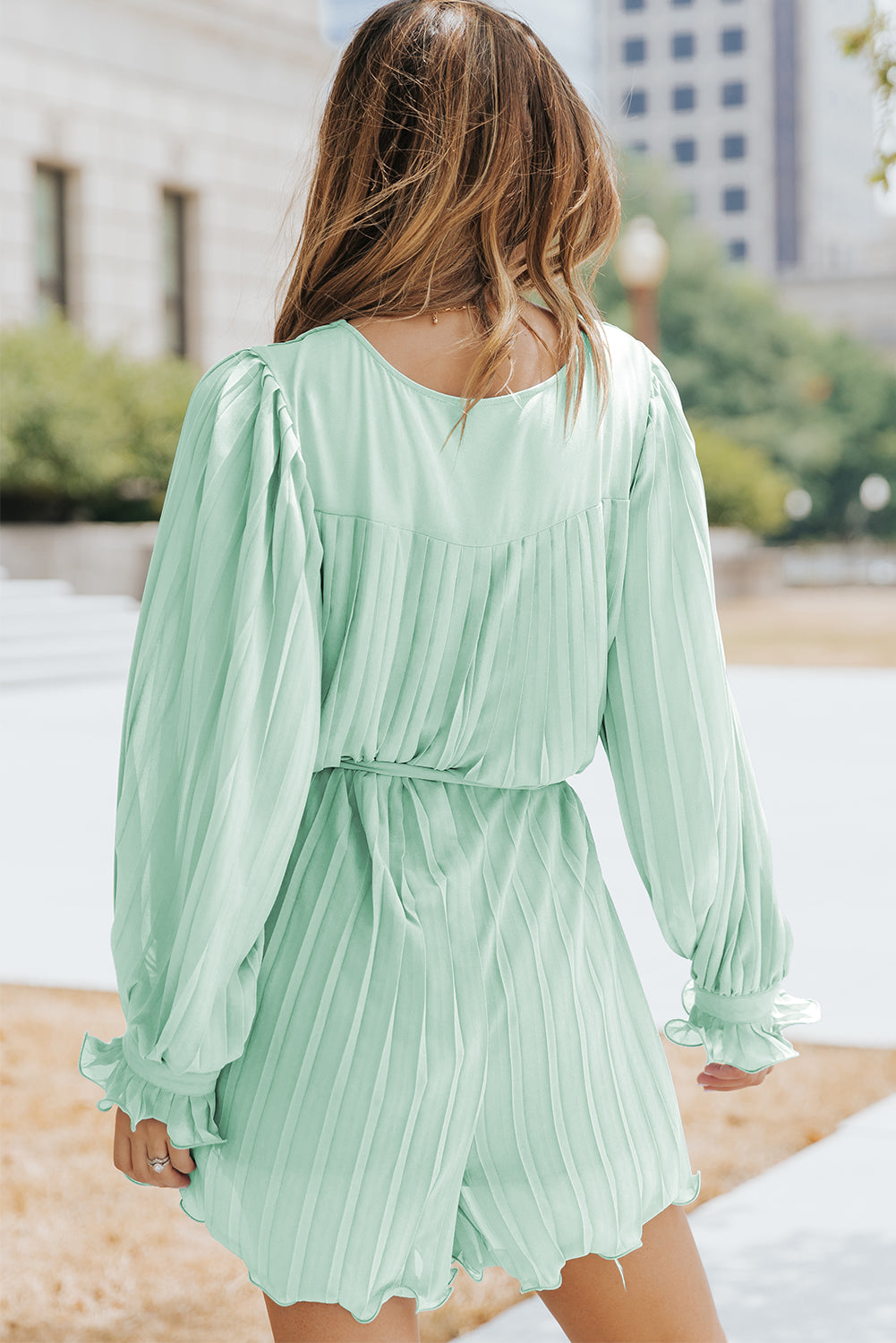 Honeybee Mumford's Green Pleated Ruffled Tie Waist Buttons V Neck Romper