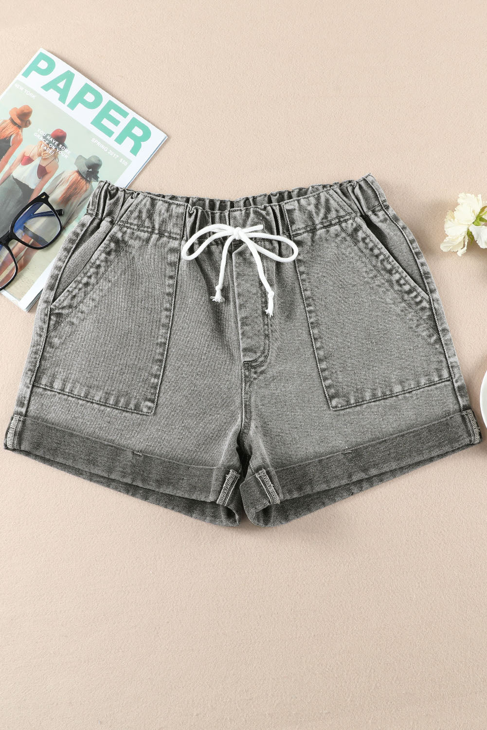 Honeybee Mumford's Gray Pocketed Drawstring High Waist Denim Shorts