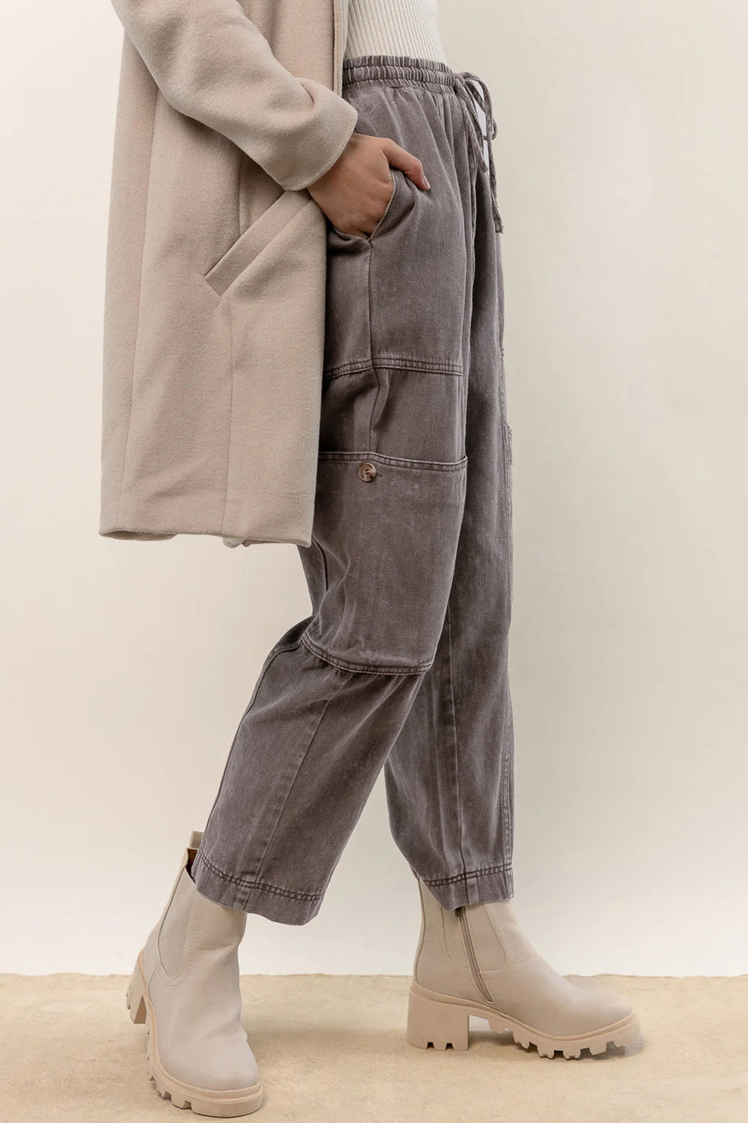 Honeybee Mumford's Gray Acid Wash Multi Pocket Drawstring Waist Pants