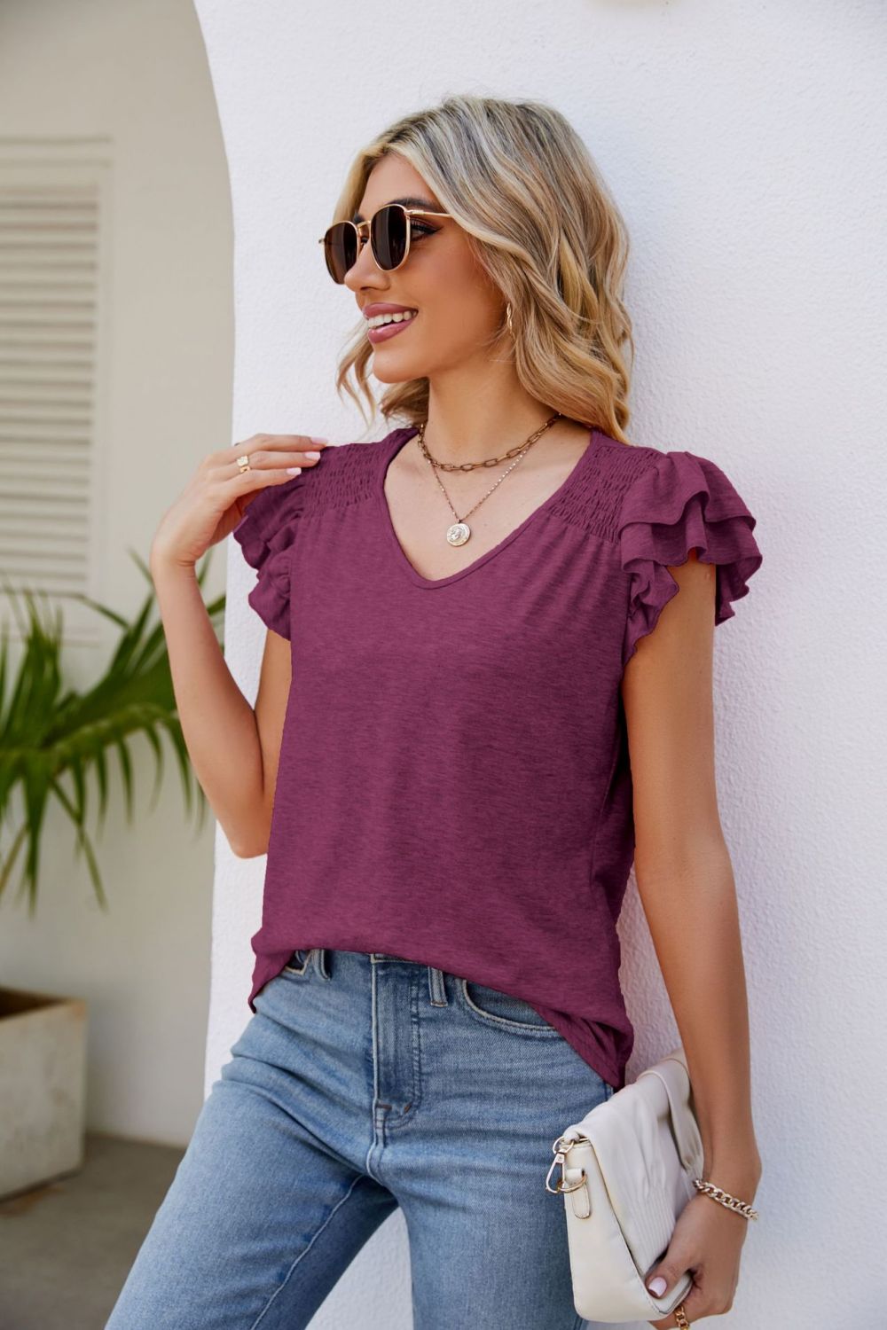 Honeybee Mumford's Smocked Flutter Sleeve V-Neck Top