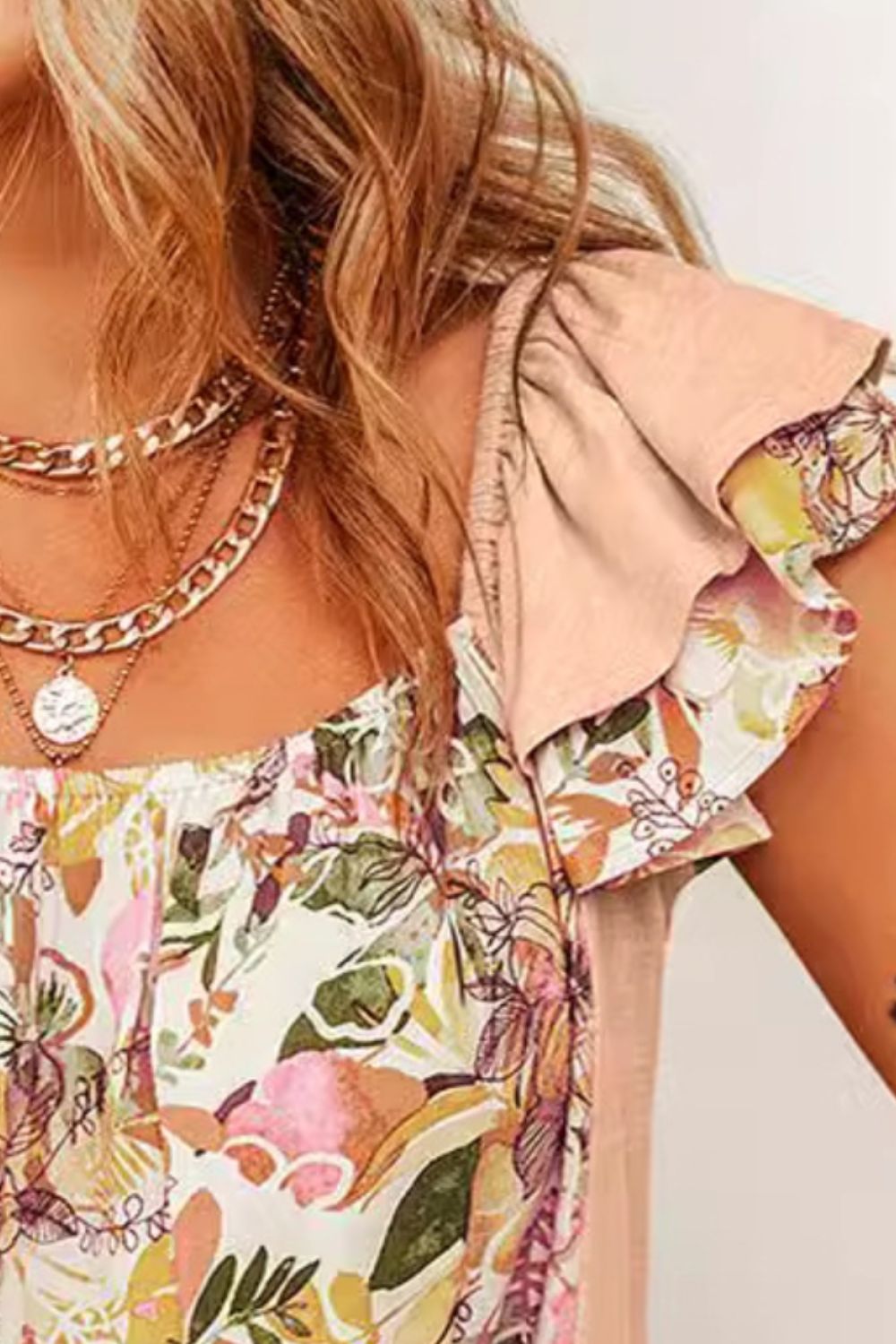 Honeybee Mumford's Ruffled Floral Square Neck Cap Sleeve Blouse