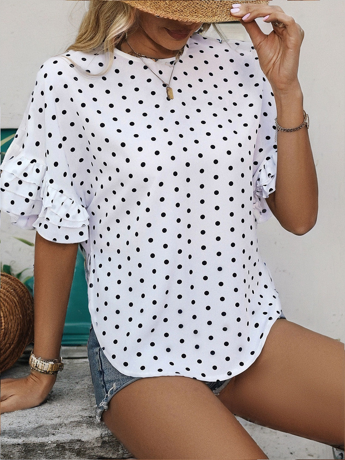 Honeybee Mumford's Slit Polka Dot Round Neck Half Sleeve Blouse