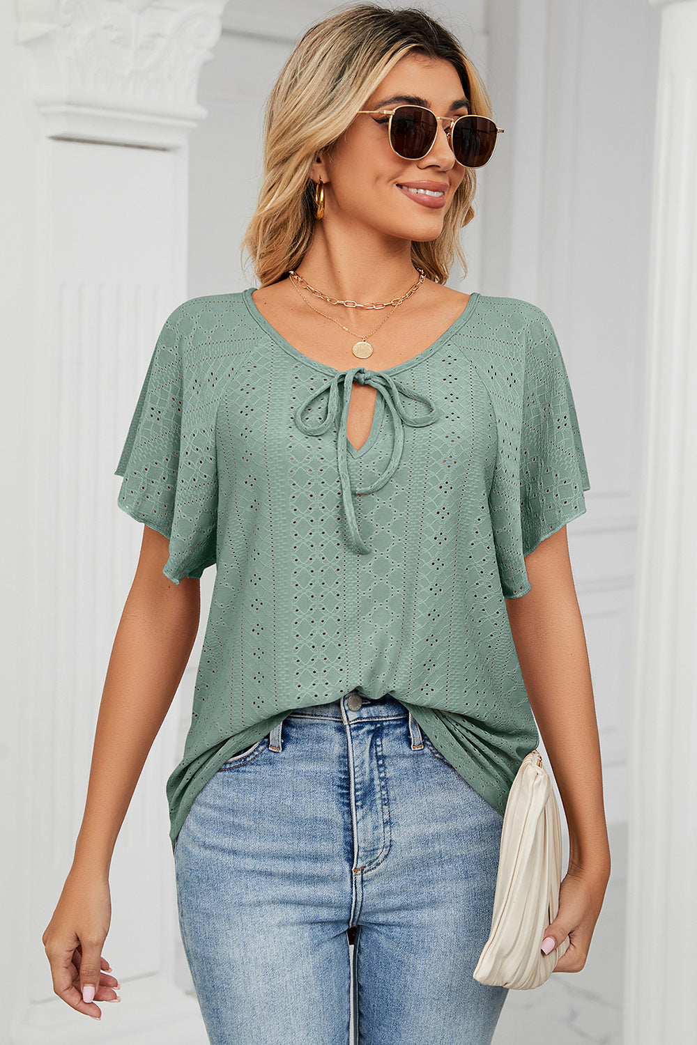 Honeybee Mumford's Eyelet Tie Neck Flutter Sleeve Blouse