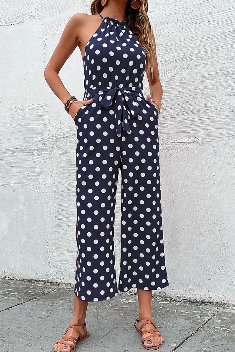 Honeybee Mumford's Polka Dot Grecian Wide Leg Jumpsuit