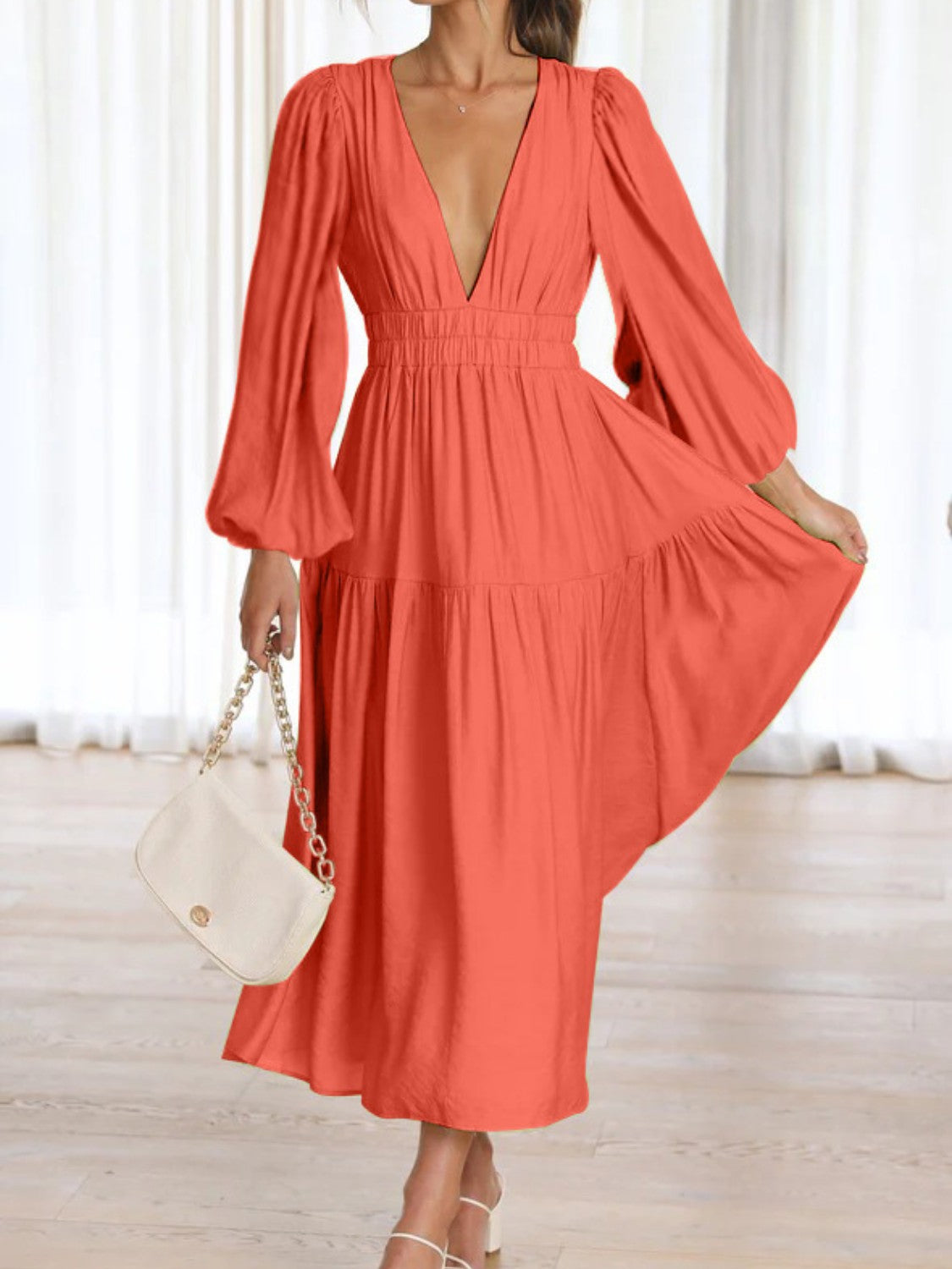 Honeybee Mumford's Deep V-Neck Balloon Sleeve Plain Maxi Dress