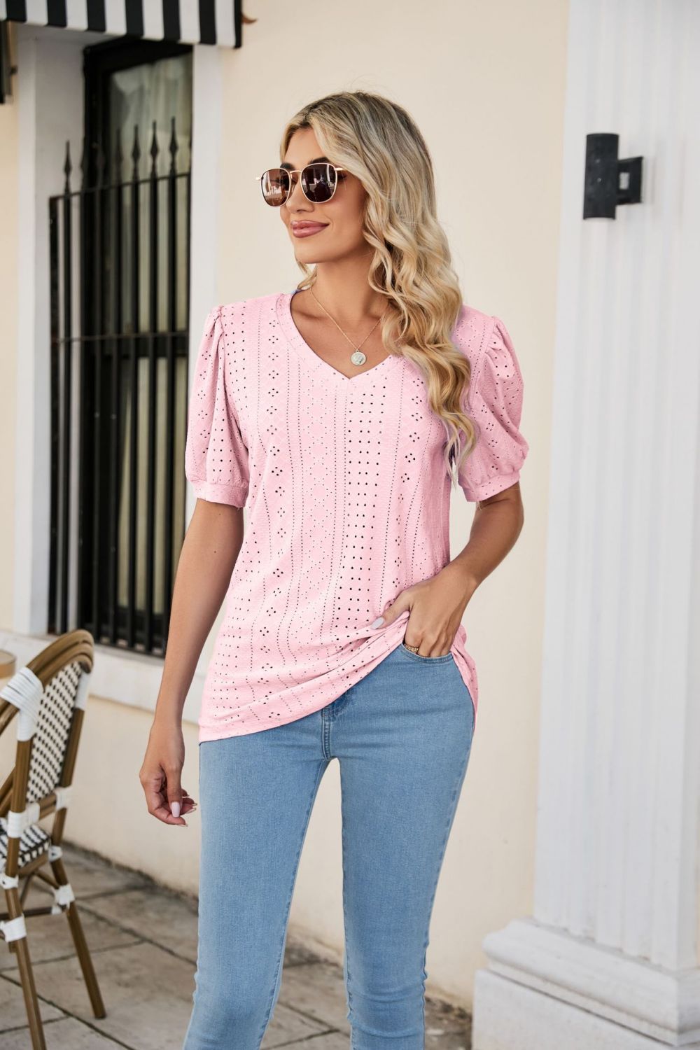 Honeybee Mumford's Eyelet Puff Sleeve V-Neck Top