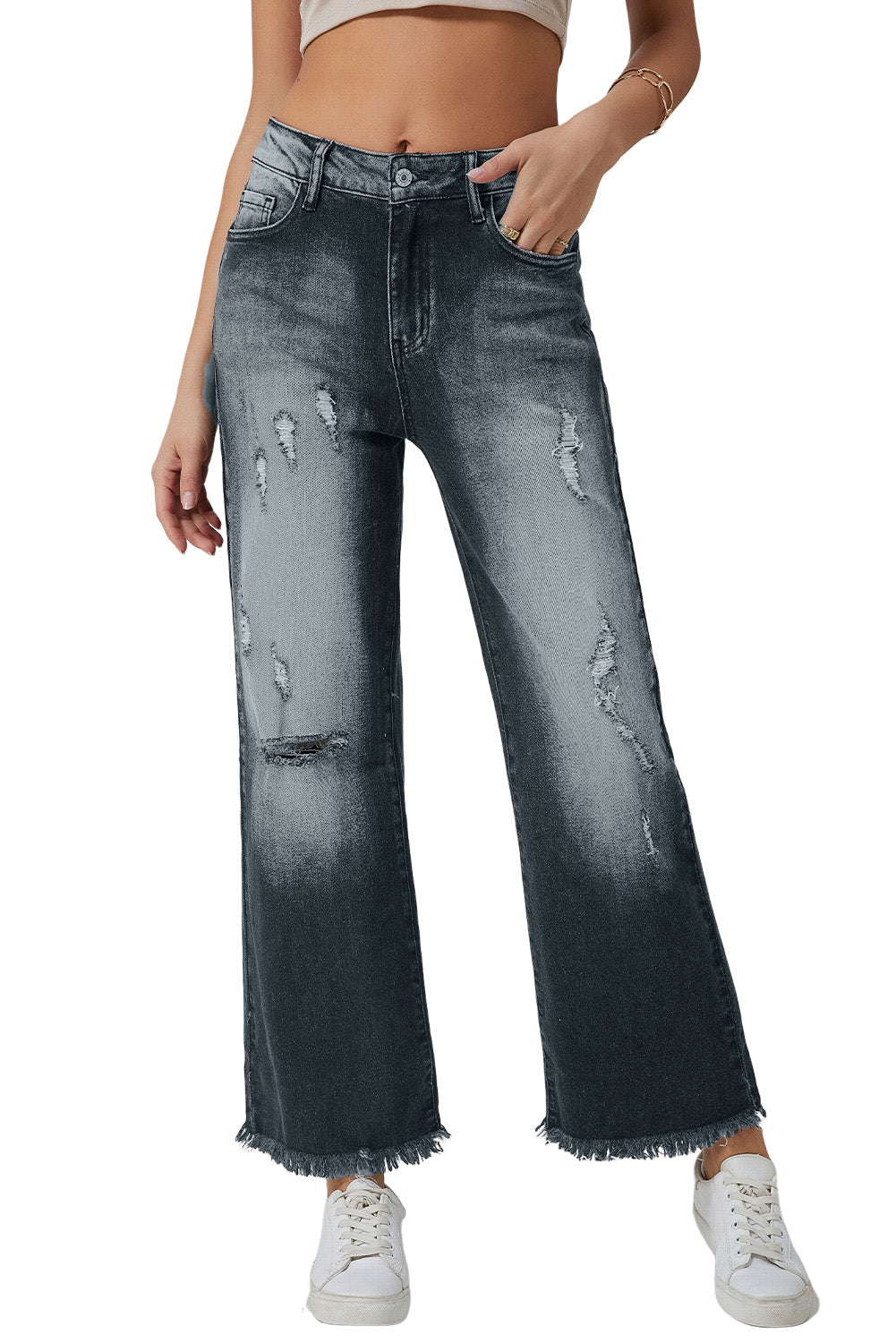 Honeybee Mumford's Gray Vintage Distressed Wide Leg Jeans