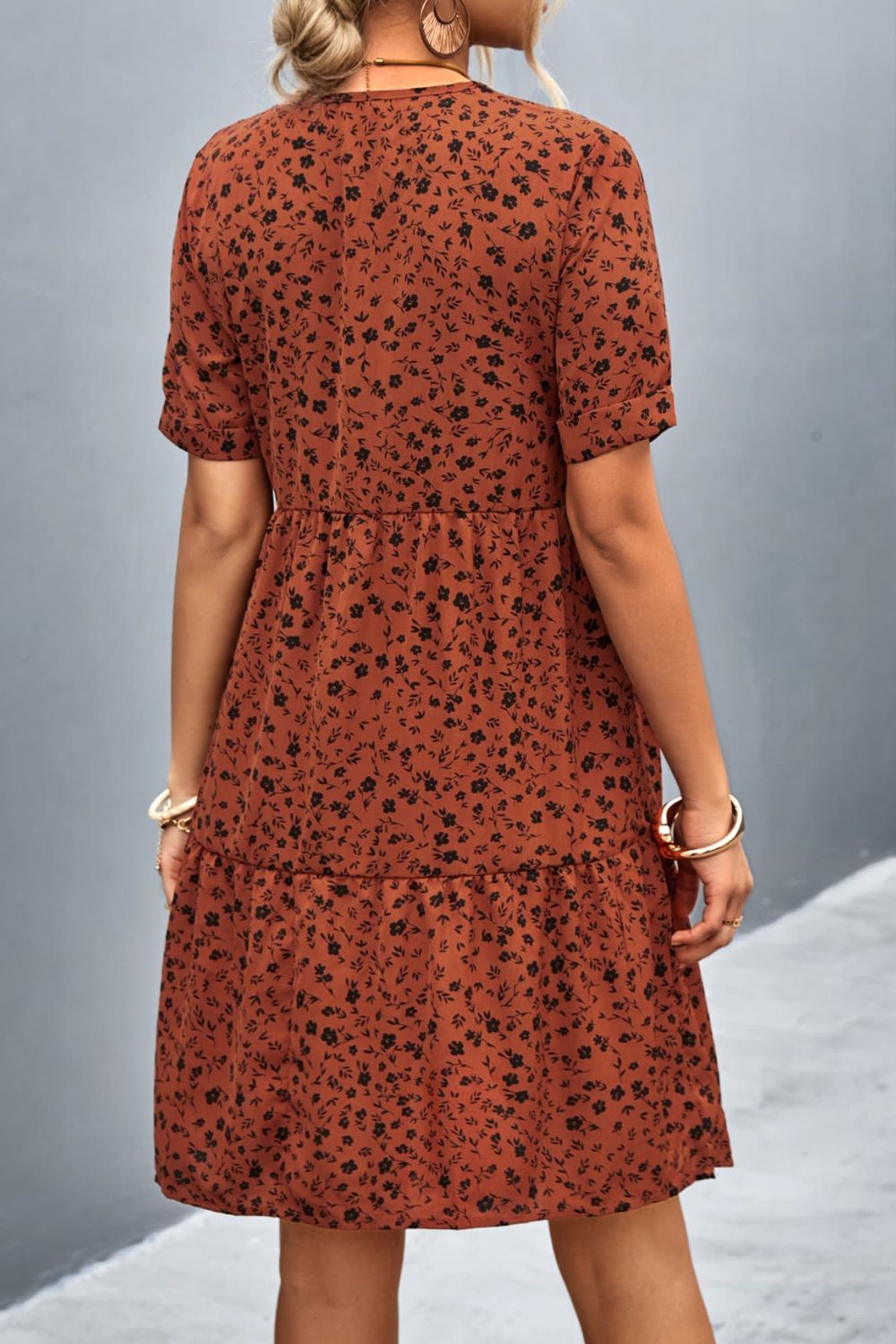 Honeybee Mumford's Ditsy Floral Empire Waist Plunge Short Sleeve Dress