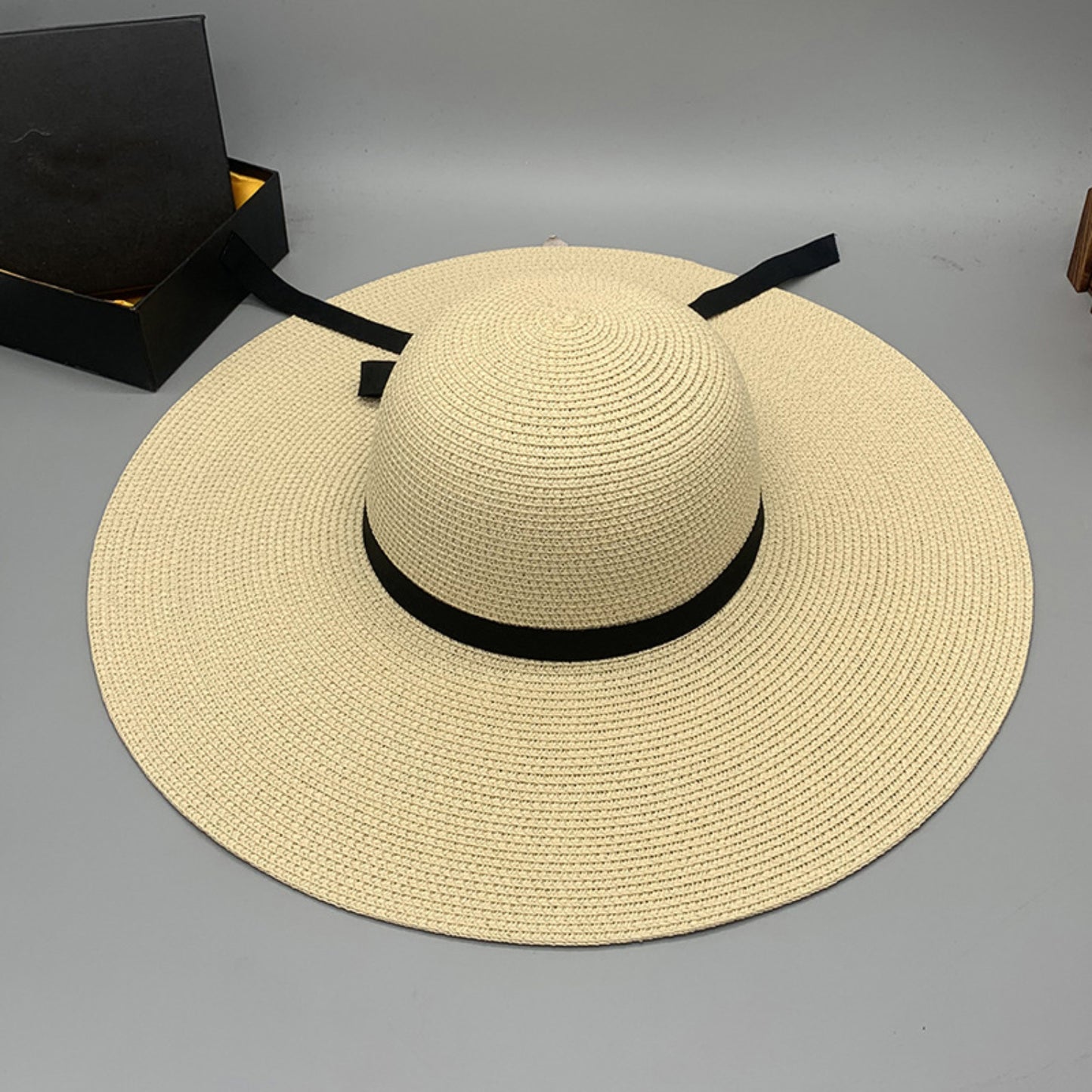 Honeybee Mumford's Paper Braided Wide Brim Hat w/ black Bow in Ivory, Navy, Black, Tan