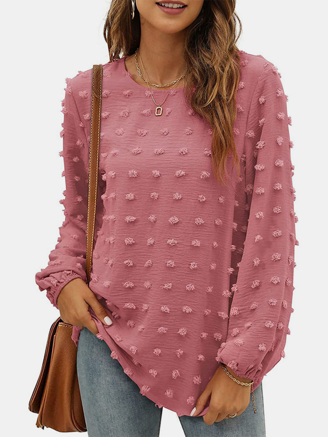 Honeybee Mumford's Swiss Dot Round Neck Long Sleeve Blouse