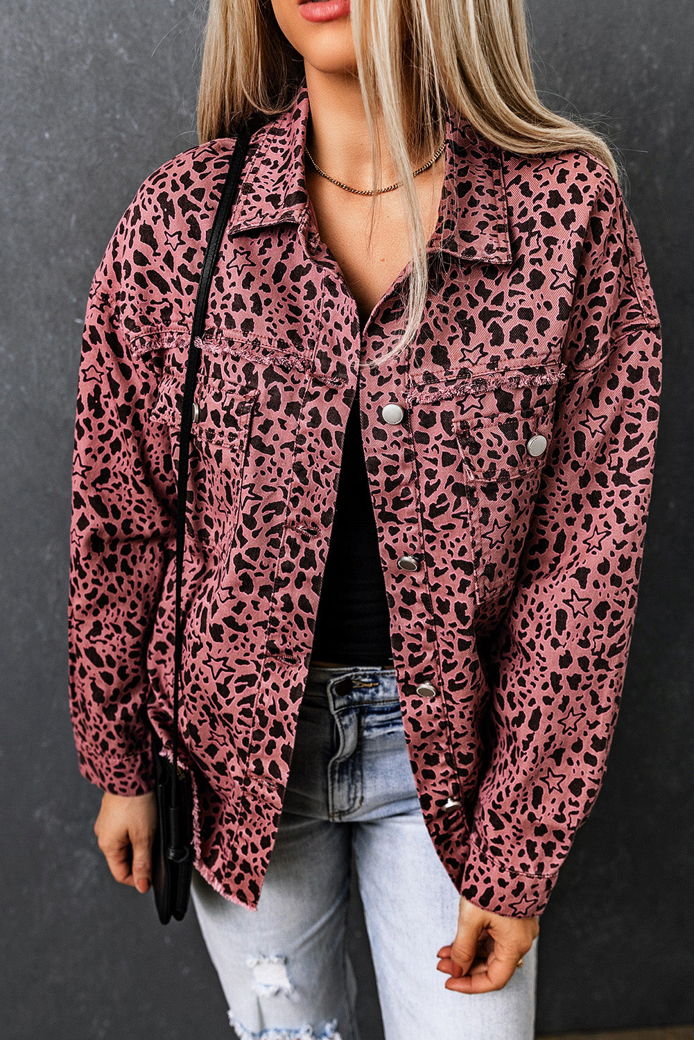 Honeybee Mumford's Leopard Raw Hem Button Up Denim Jacket