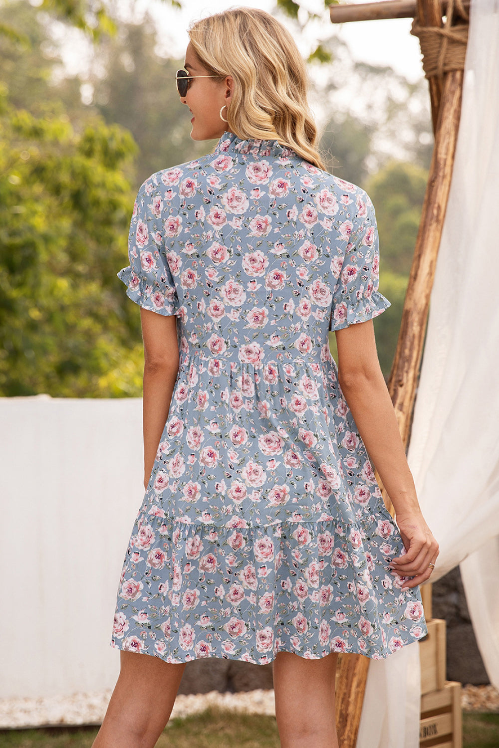 Honeybee Mumford's Floral Ruffle Trim Tie-Neck Dress