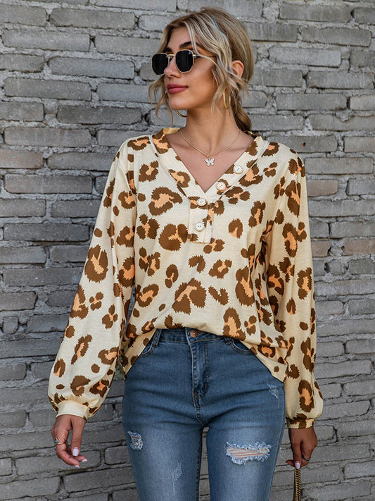 Honeybee Mumford's Leopard V-Neck Decorative Button Long Sleeve Blouse