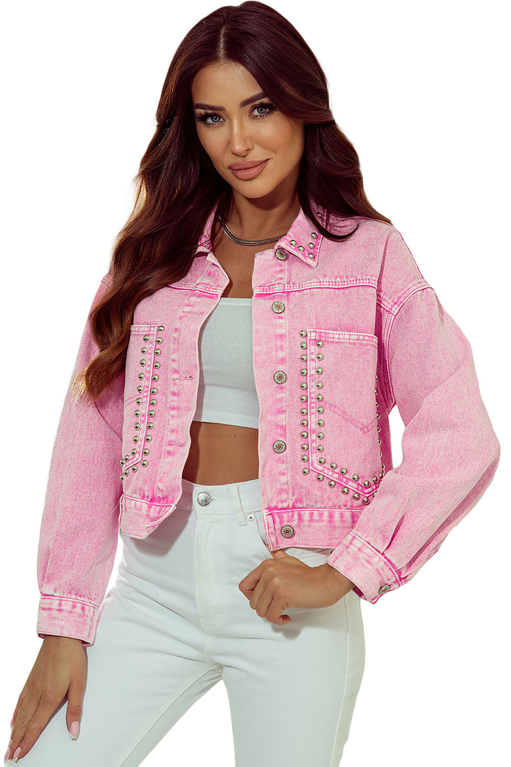 Honeybee Mumford's Pink Rivet Studded Pocketed Denim Jacket