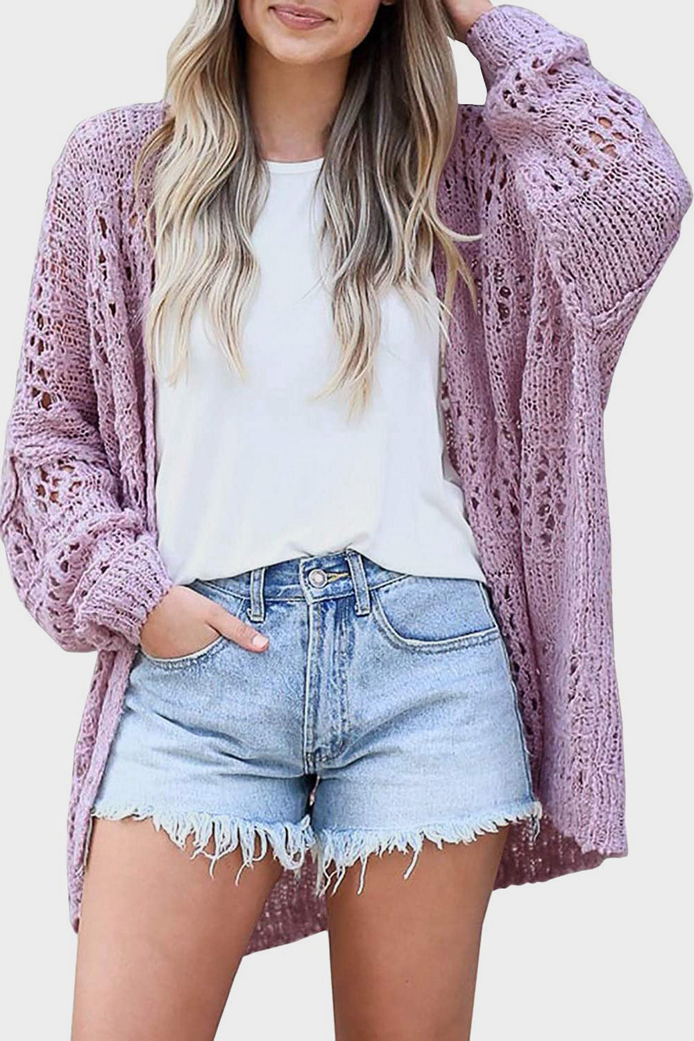 Honeybee Mumford's Openwork Open Front Long Sleeve Cardigan