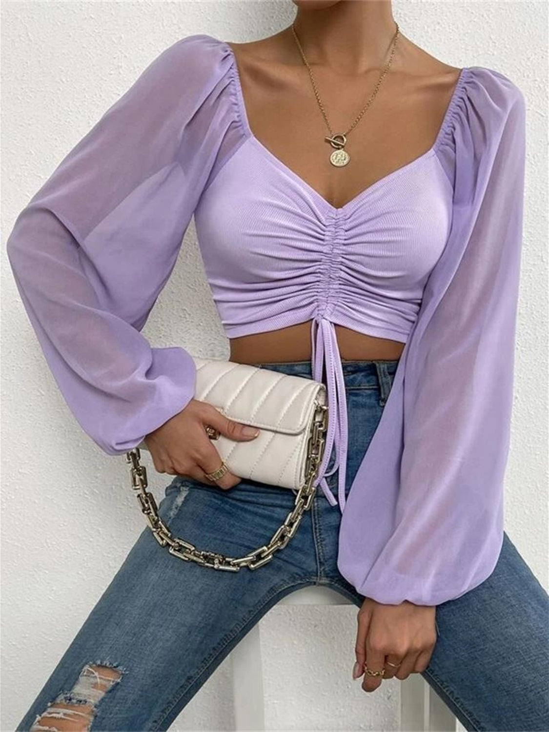 Honeybee Mumford's Drawstring Sweetheart Neck Cropped Top