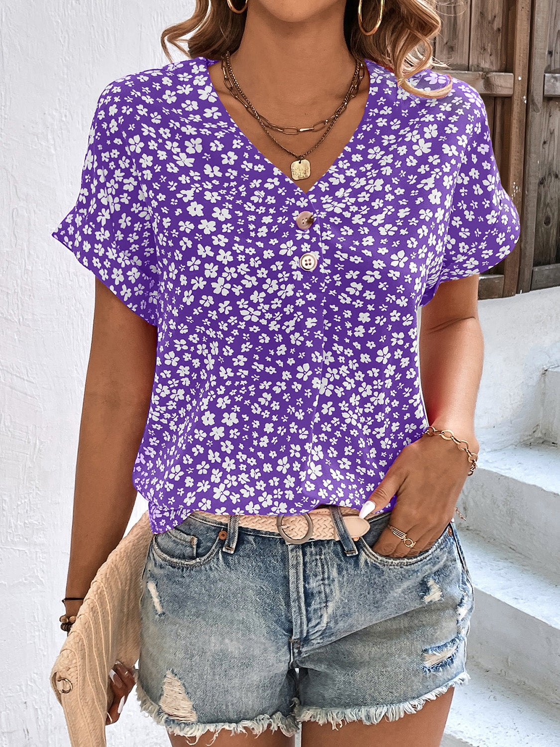 Honeybee Mumford's Printed V-Neck Short Sleeve Blouse