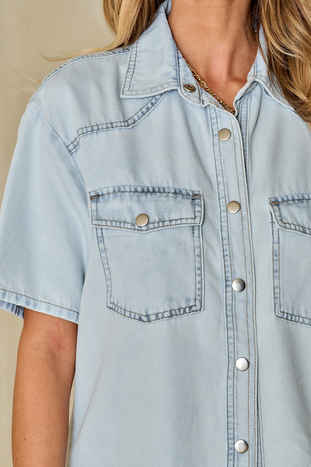 Honeybee Mumford's Slit Snap Down Short Sleeve Denim Top