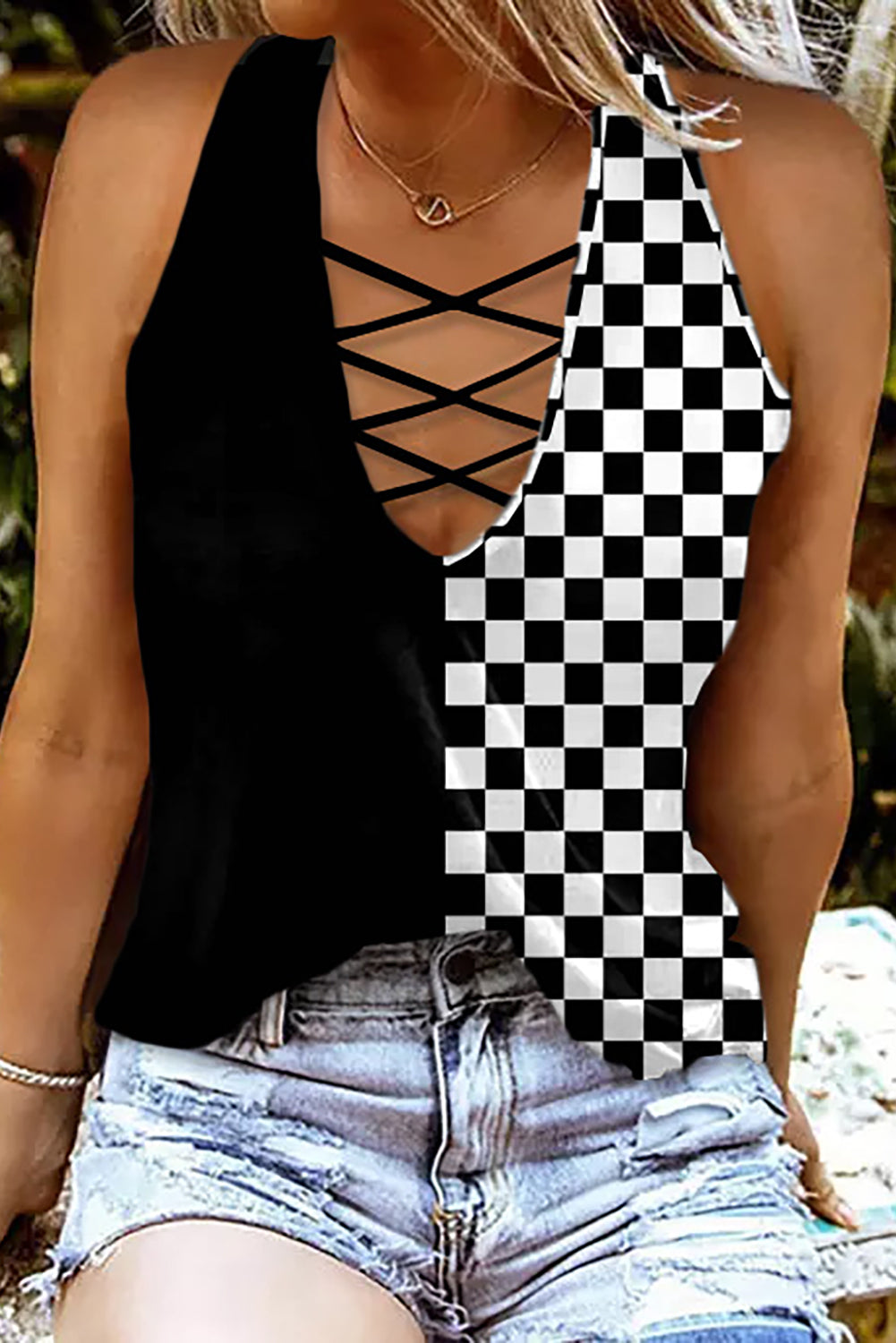 Honeybee Mumford's Crisscross Checkered Wide Strap Tank