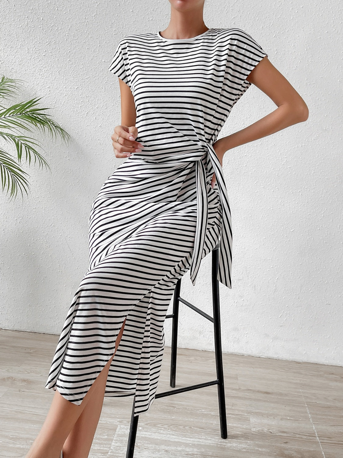 Honeybee Mumford's Tied Striped Round Neck Short Sleeve Tee maxi Dress