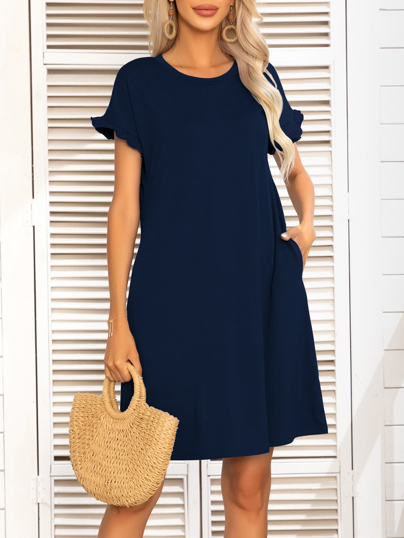 Honeybee Mumford's Round Neck Flounce Sleeve Dress with Pockets