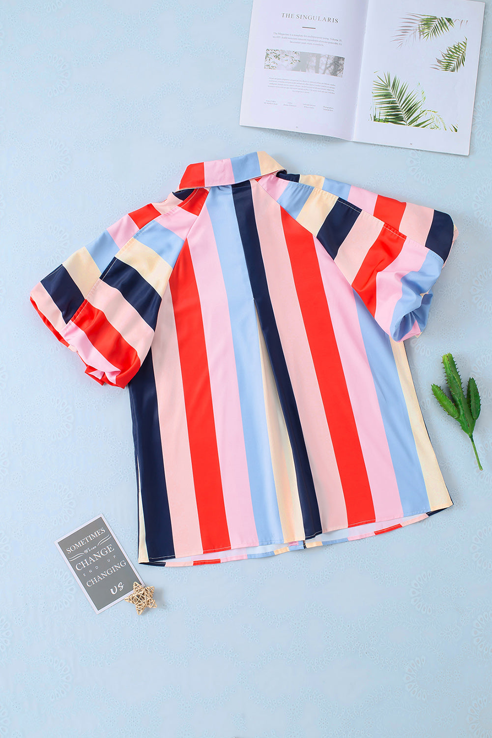 honeybee Mumford's Multicolor Color Block Striped Puff Sleeve Buttoned Shirt