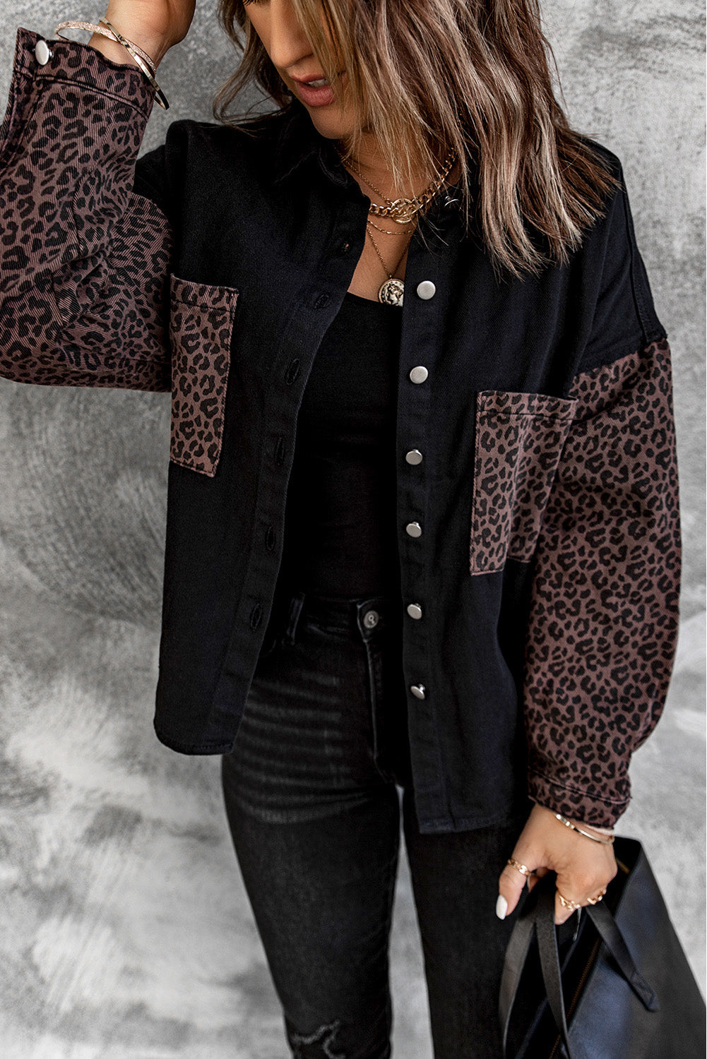 Honeybee Mumford's Black Contrast Leopard Denim Jacket