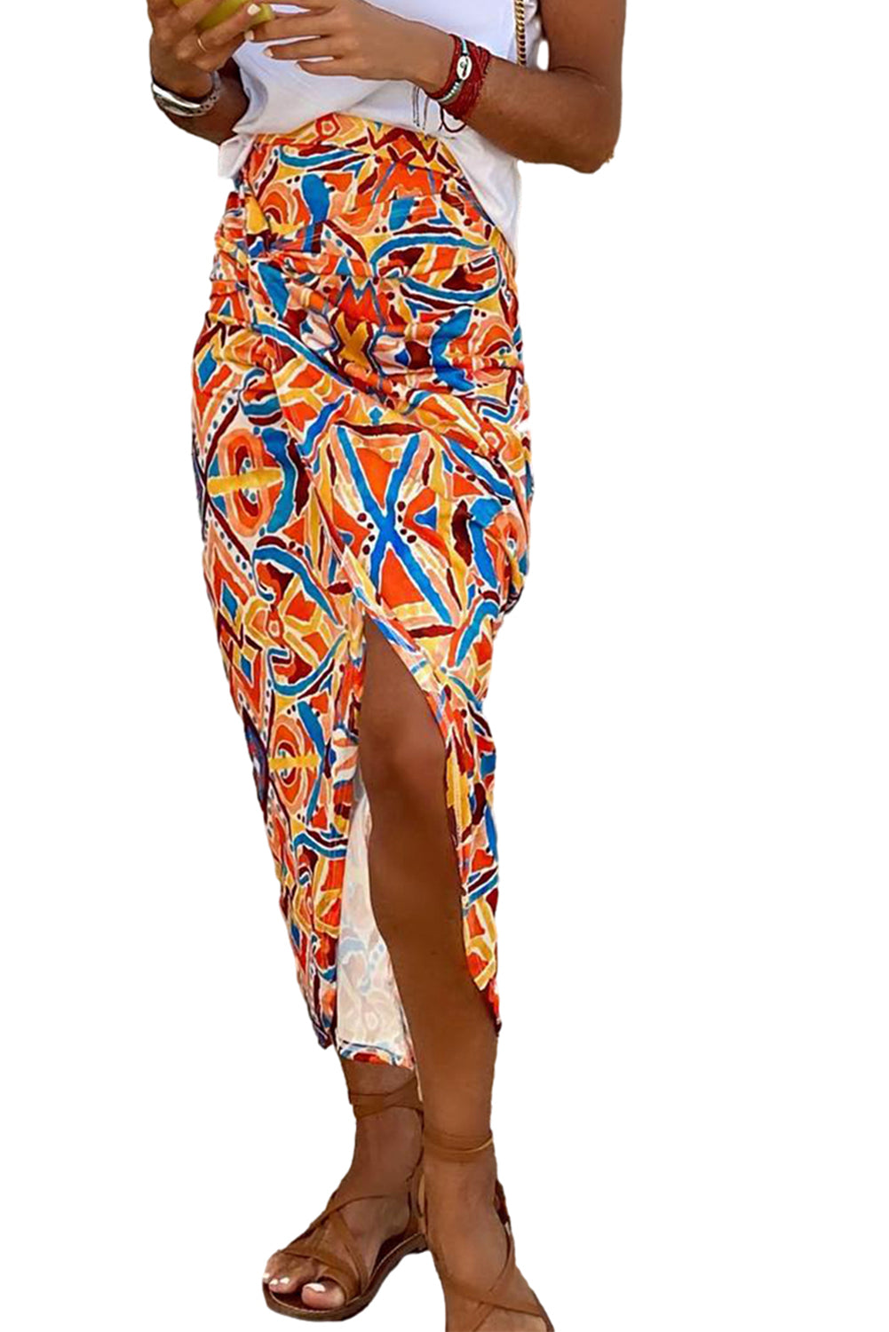 Honeybee Mumford's Yellow Geometric Abstract Print Slit High Waist Maxi Skirt