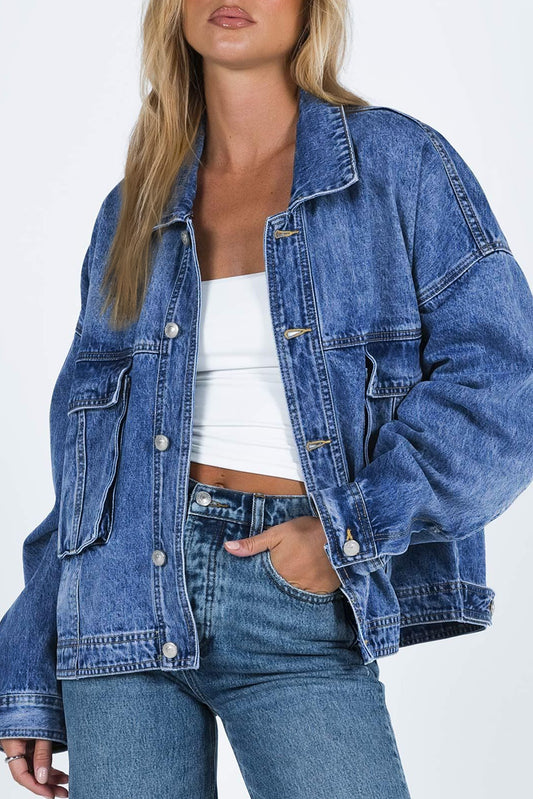 Honeybee Mumford's Blue Chest Pockets Drop Shoulder Loose Denim Jacket