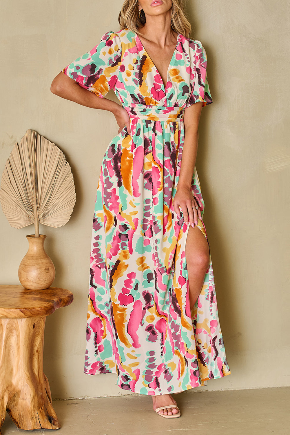 Honeybee Mumford's Pink Boho Tie-dye Print V Neck Maxi Dress