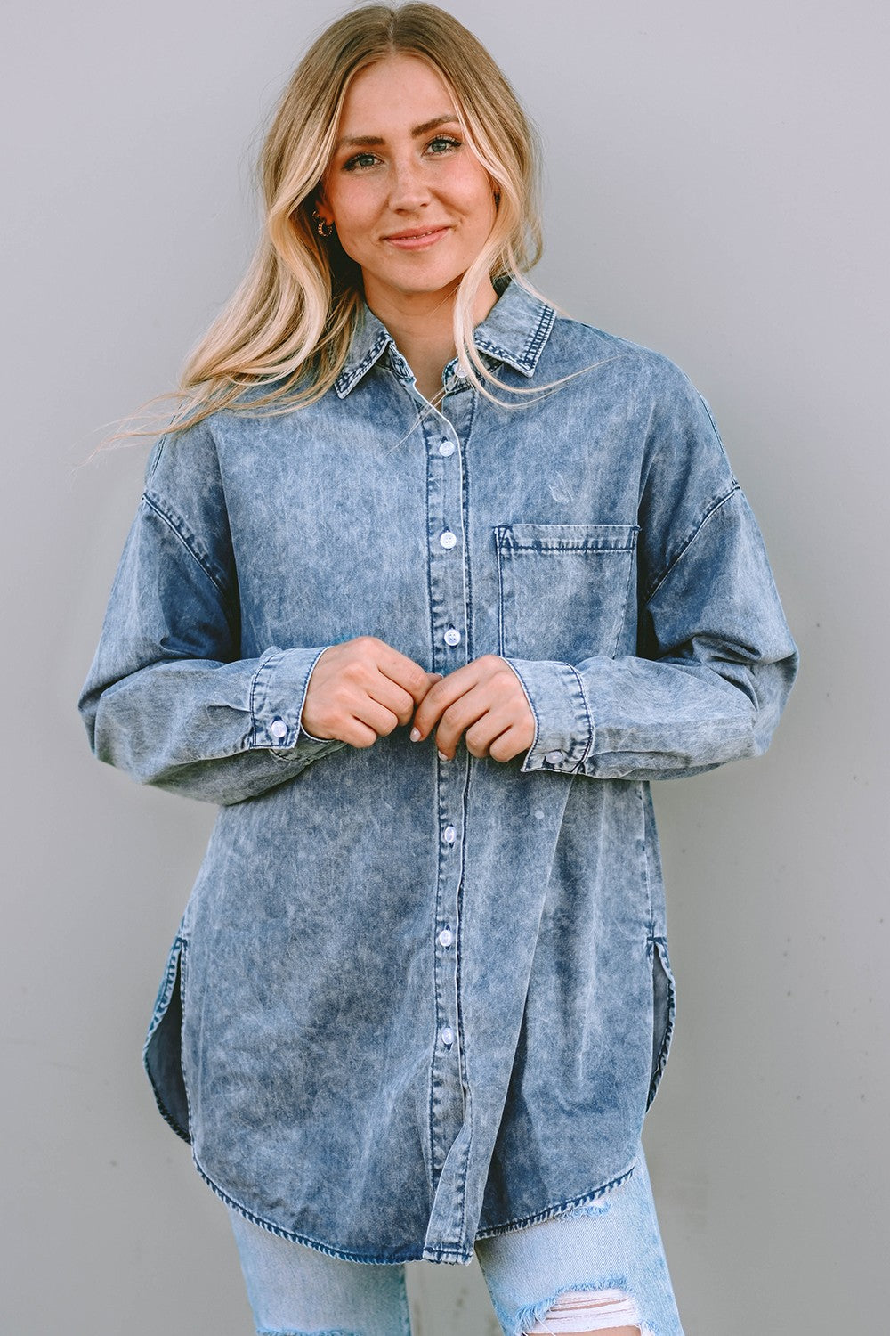 Honeybee Mumford's Button Up Dropped Shoulder Denim Top