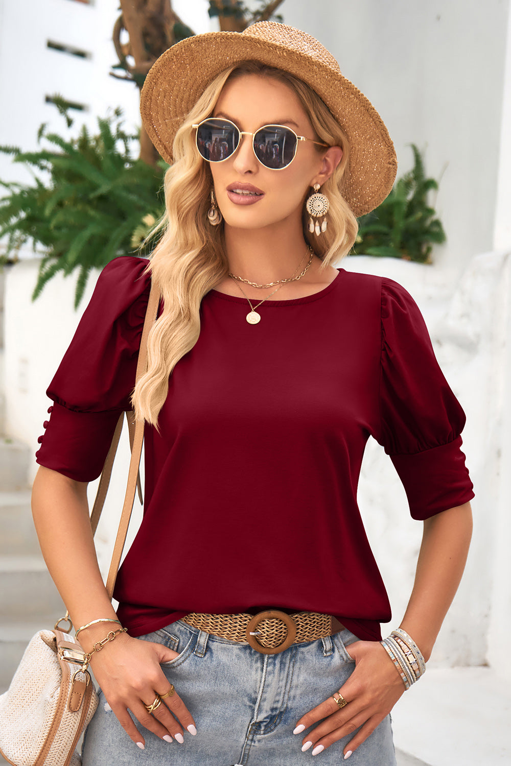 Honeybee Mumford's Round Neck Lantern Sleeve Blouse