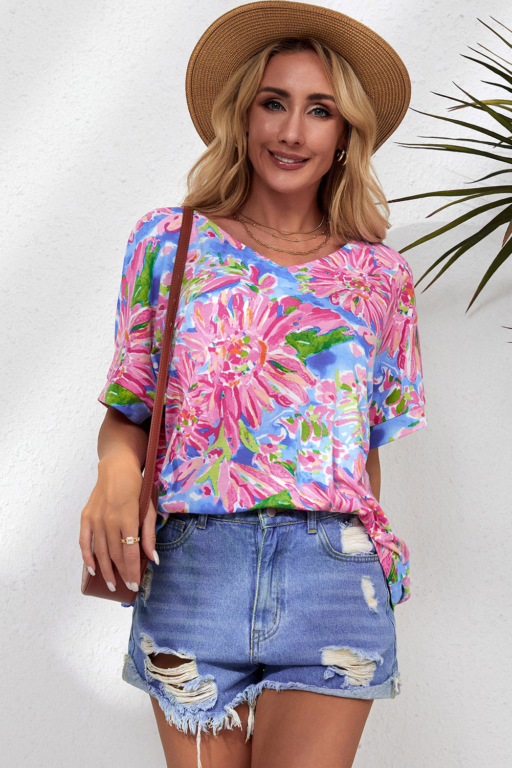 Honeybee Mumford's Floral V-Neck Short Sleeve Blouse