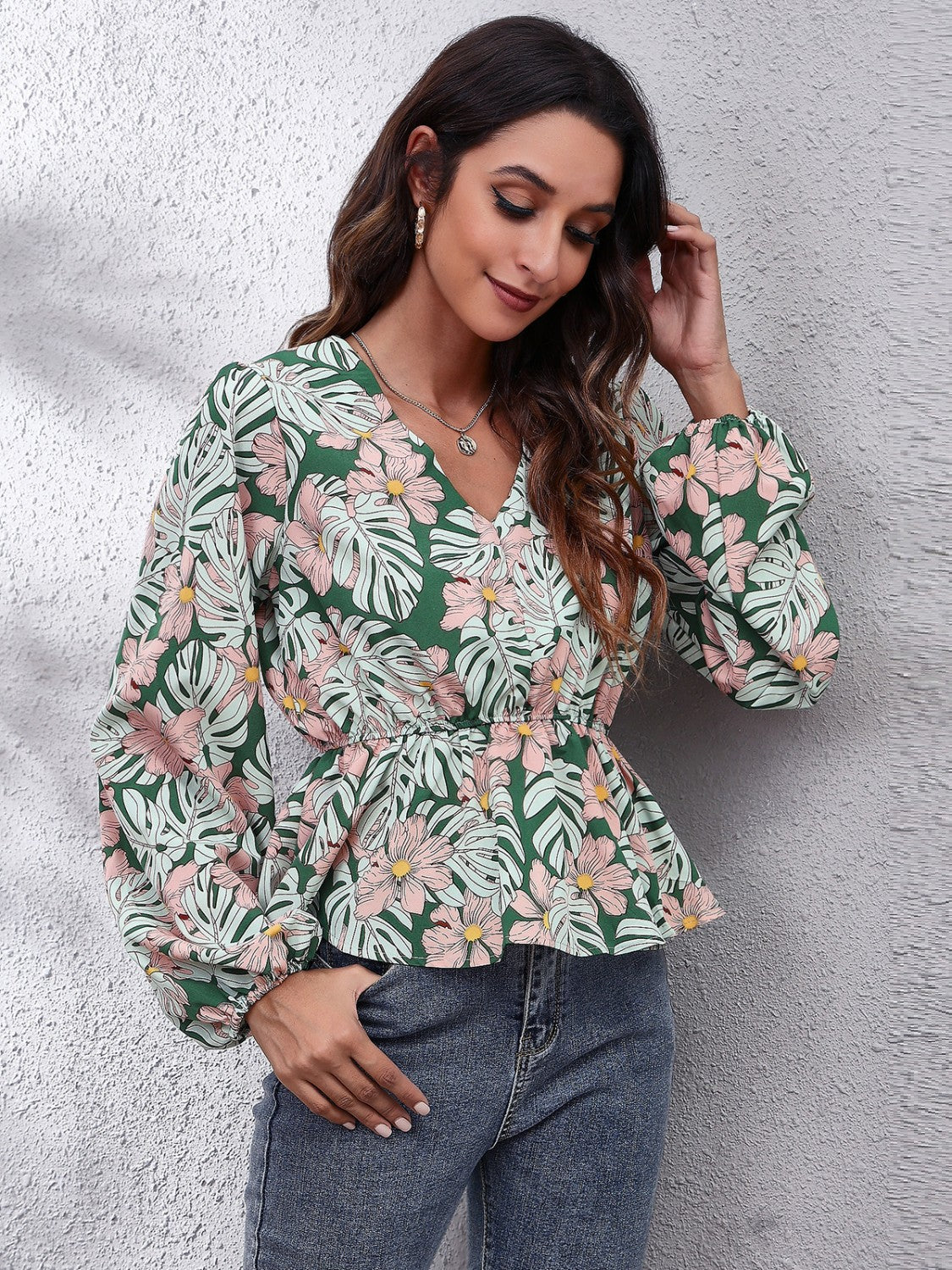 Honeybee Mumford's Floral V-Neck Balloon Sleeve Peplum Blouse