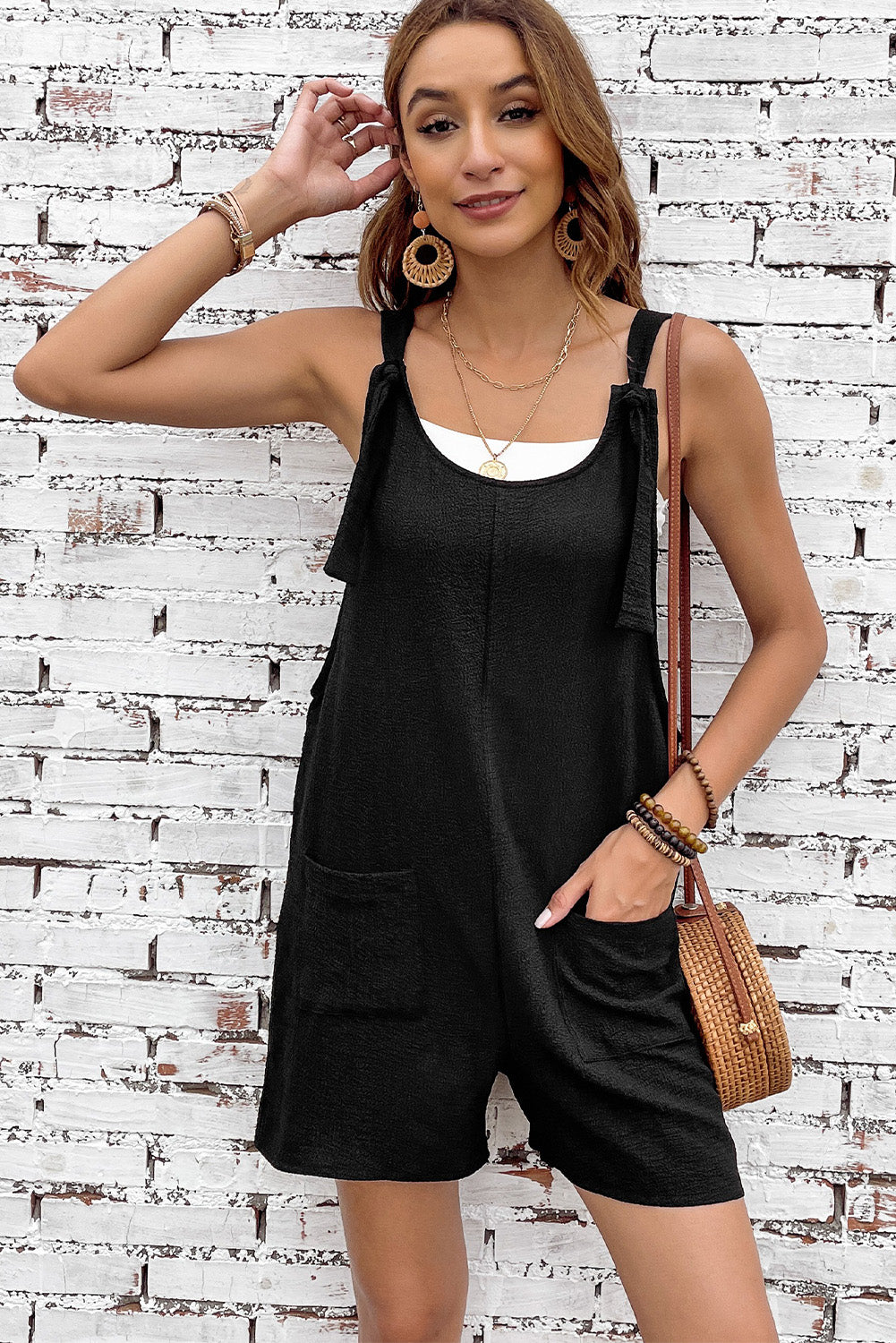 Honeybee Mumford's Black Adjustable Straps Pocketed Textured Romper