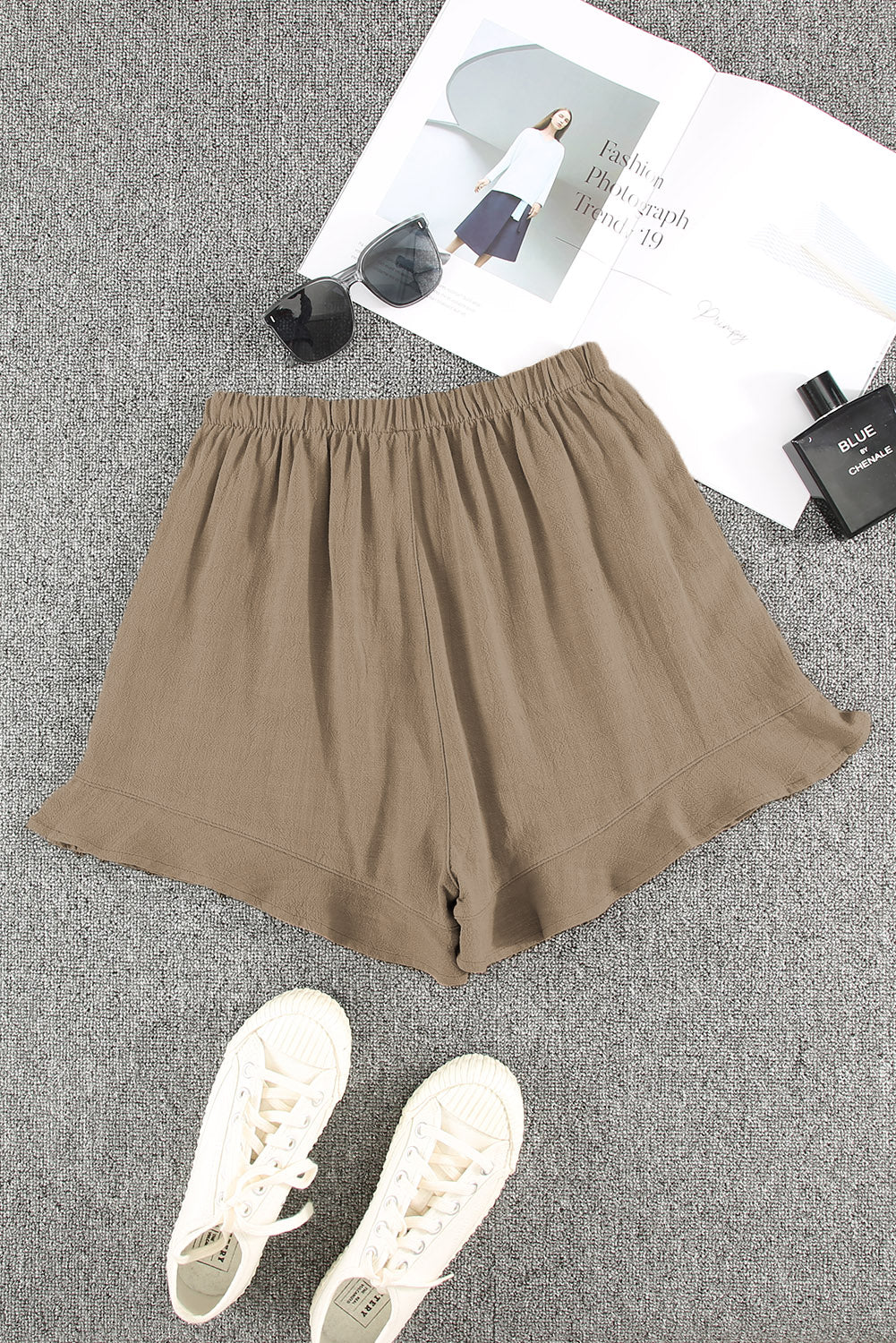 Honeybee Mumford's Khaki High Waist Pocketed Ruffle Shorts