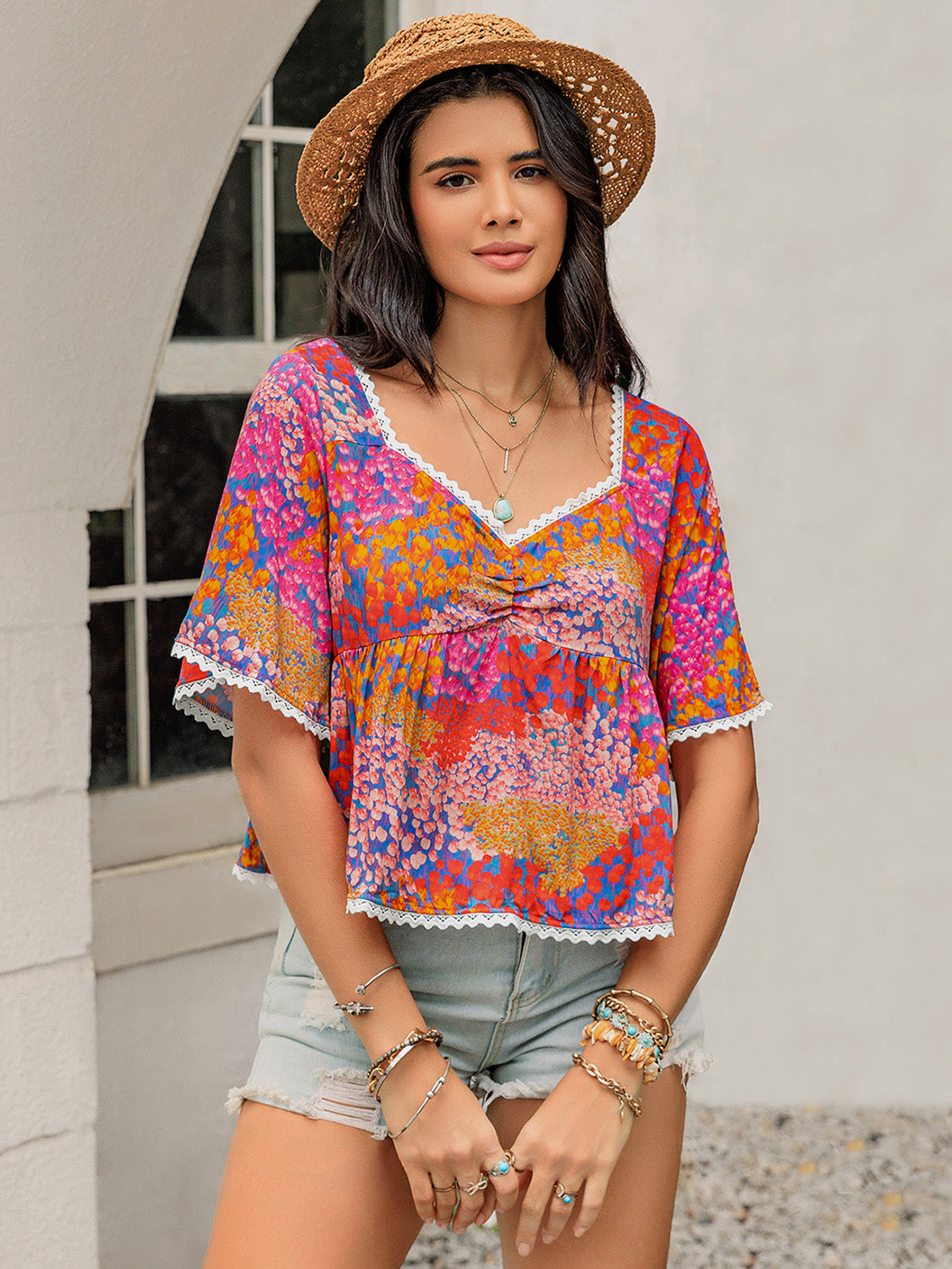 Honeybee Mumford's Ruched Printed Half Sleeve Blouse