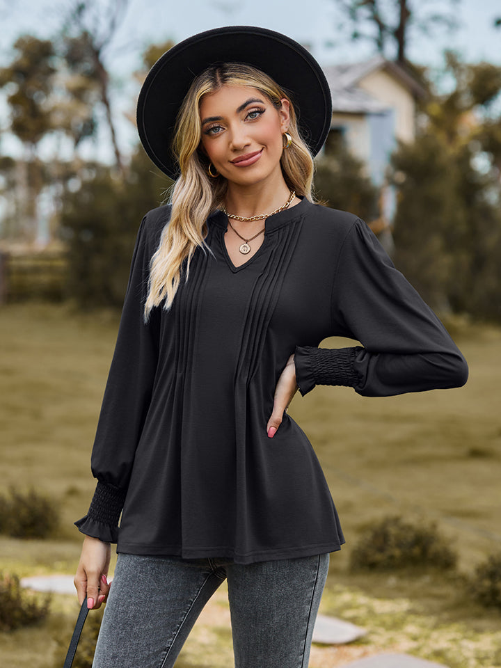 Honeybee Mumford's Notched Neck Flounce Sleeve Blouse