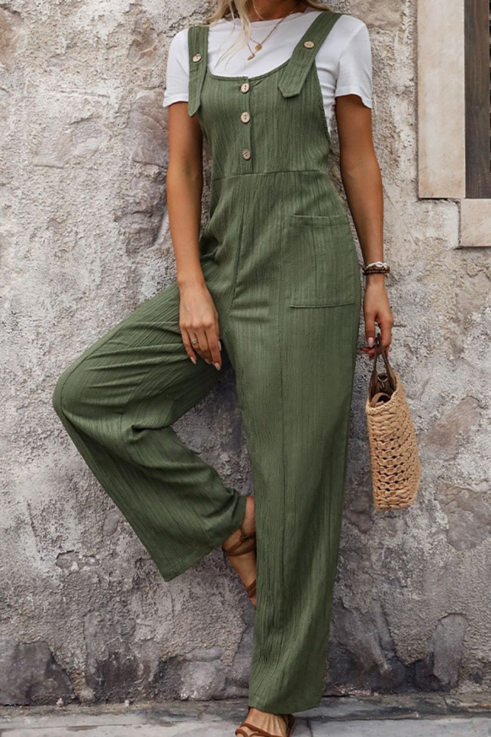 Honeybee Mumford's Textured Pocketed Wide Strap Overalls