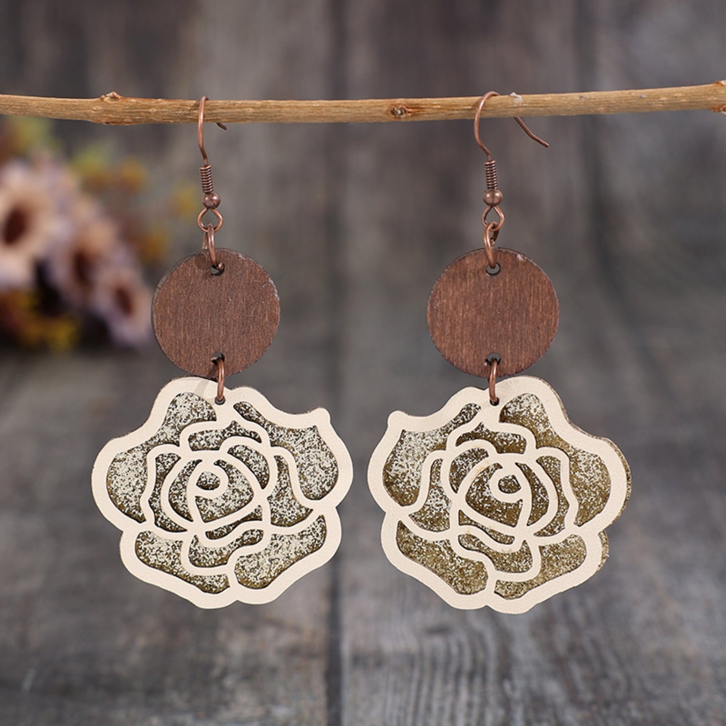 honeybee Mumford's Wooden Alloy Rose Shape Dangle Earrings