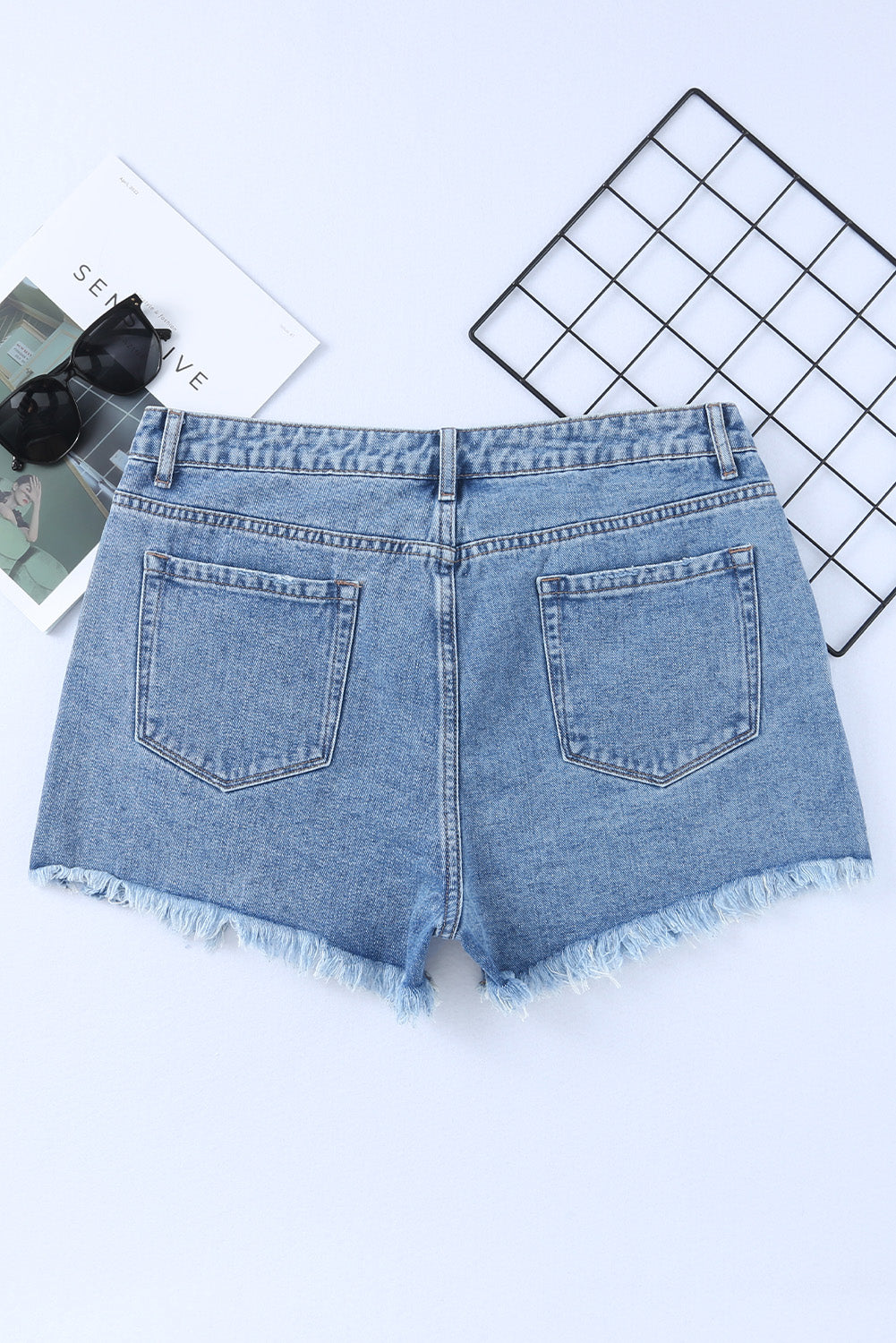 Honeybee Mumford's Sky Blue High Rise Crossover Waist Denim Shorts