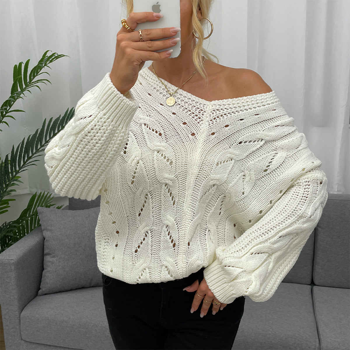 Honeybee Mumford's Openwork V-Neck Long Sleeve Sweater