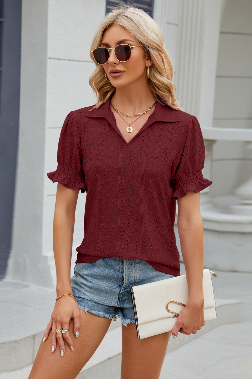 Honeybee Mumford's Eyelet Johnny Collar Short Sleeve Blouse