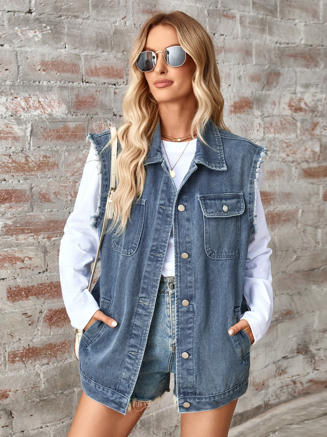 Honeybee Mumford's Raw Hem Sleeveless Button Up Denim Jacket